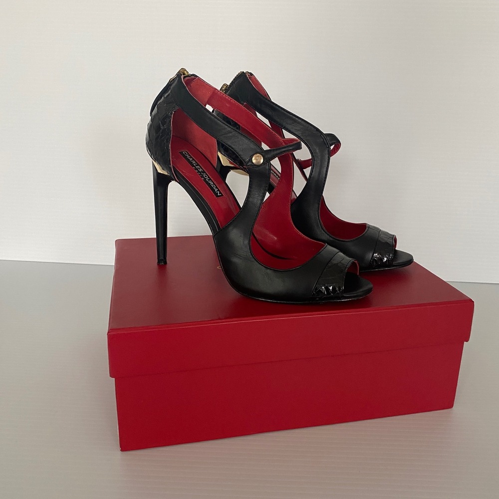 Charles Jourdan Paris Beth Black Snakeskin Stiletto Peep Toe Heels Sandals 7.5